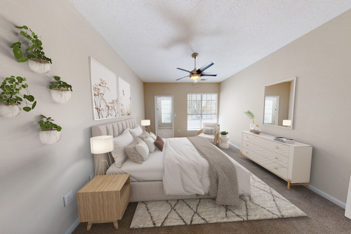 White furnished apartment living room with an open floor plan, vinyl plank flooring, an area rug with couches, dining area , and a small kitchen